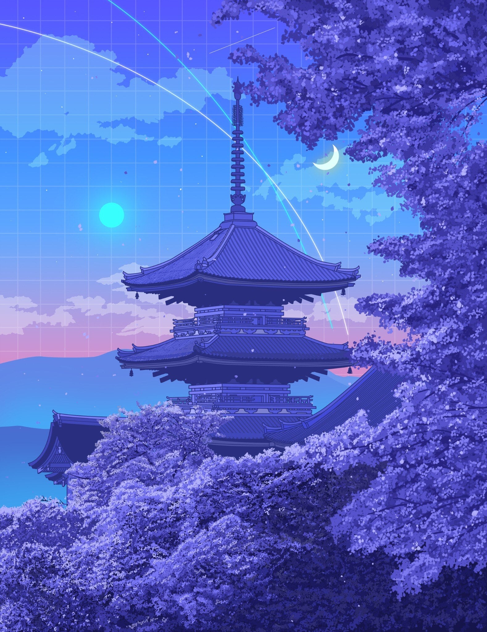 Moonlit Pagoda Commute Acrylic Wall Art